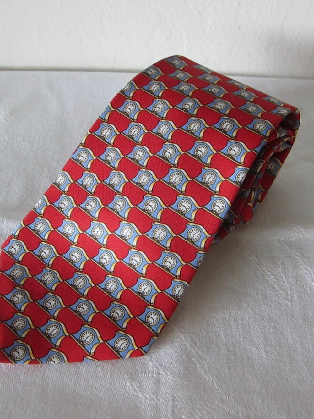 THOMAS PINK RED SILK TIE WITH CLOCK MOTIF - 3. 5 in. wide